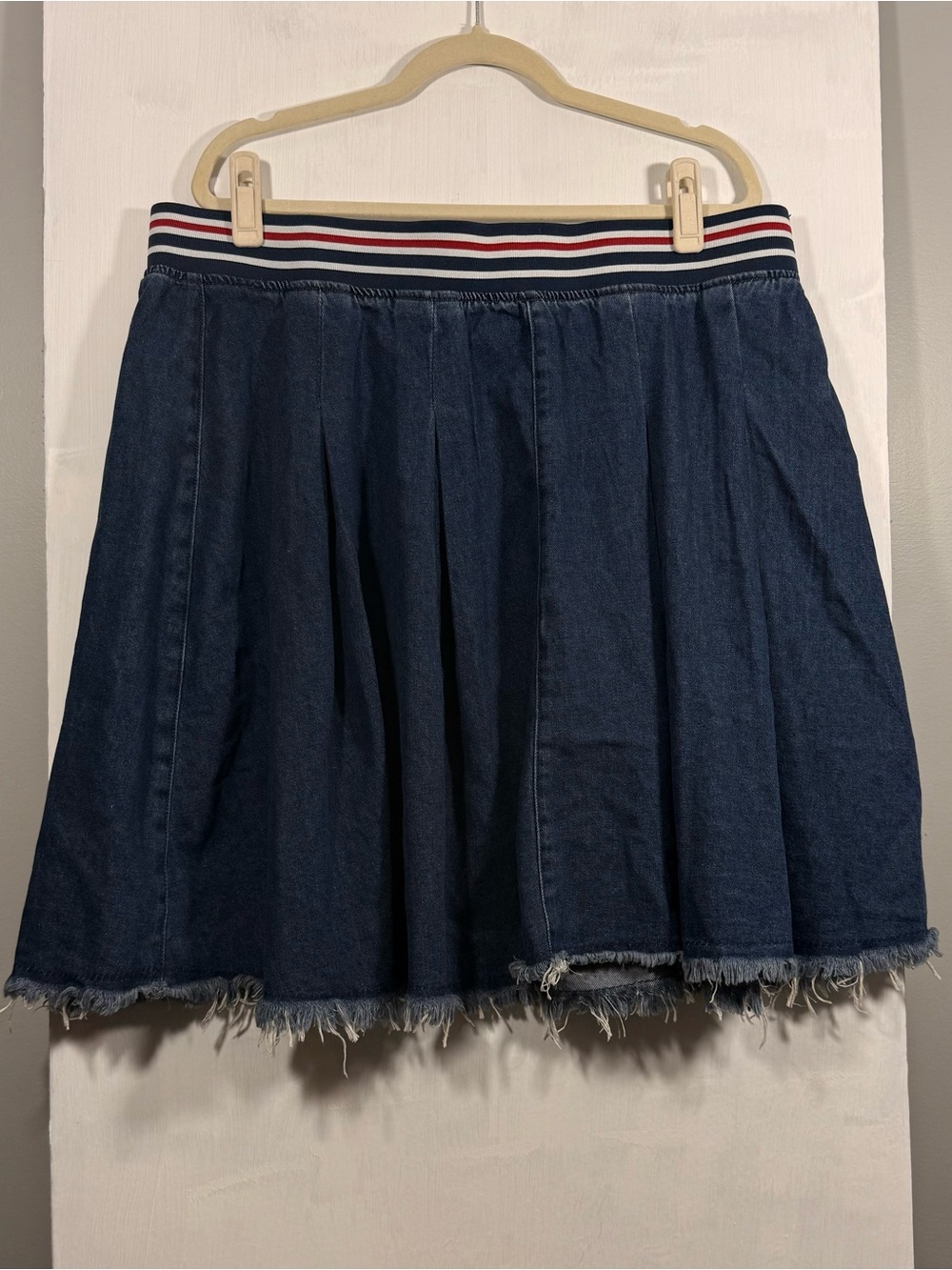 Ashley Stewart Dark Blue Denim Skater Skirt with Striped Waistband